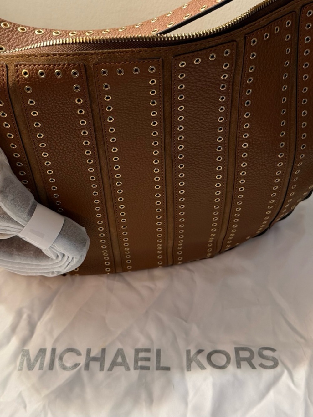 Michael Kors Cognac Brown Leather Eyelet-Trim Shoulder Tote